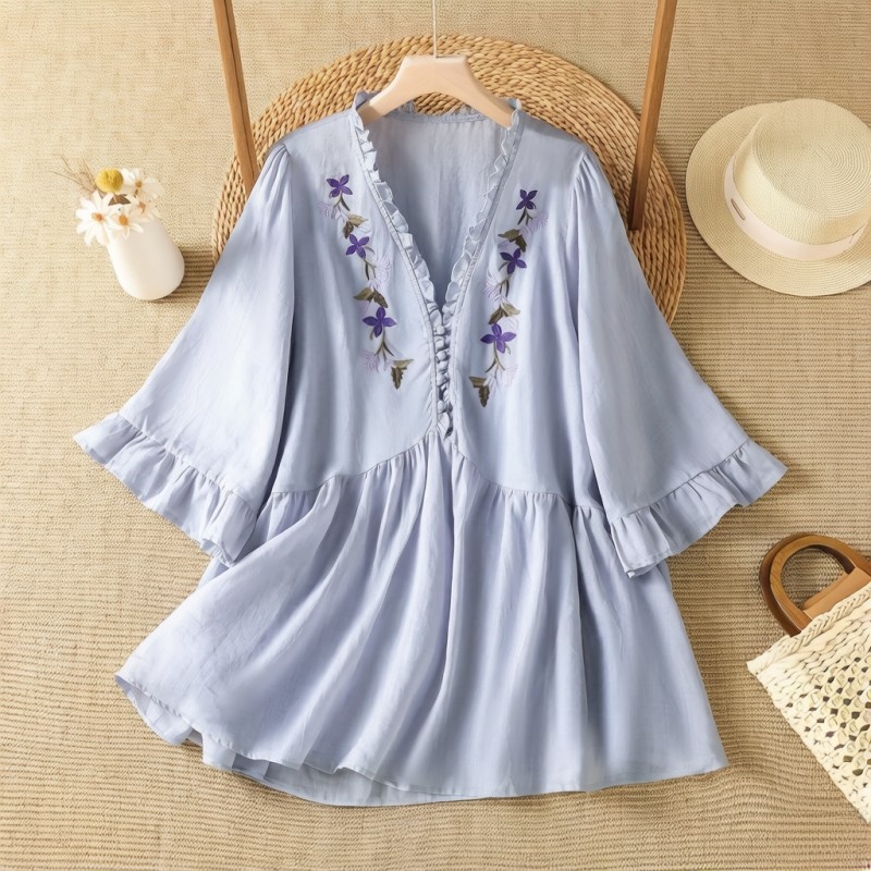 Embroidery Cotton Shirt - Elegancka, fioletowa koszula z bawełny i