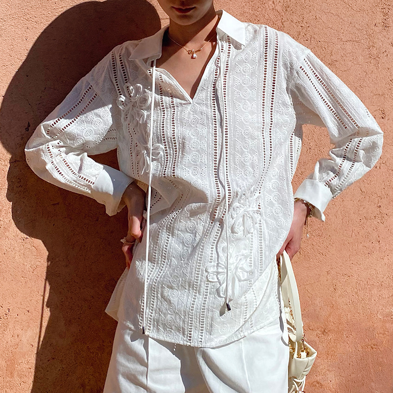 Embroidery Cotton Shirt - Biała bluzka z francuskim haftem kwiatowym,